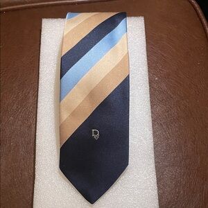 Dior Navy, Light Blue & Tan Striped Silk Tie with Gold Logo
